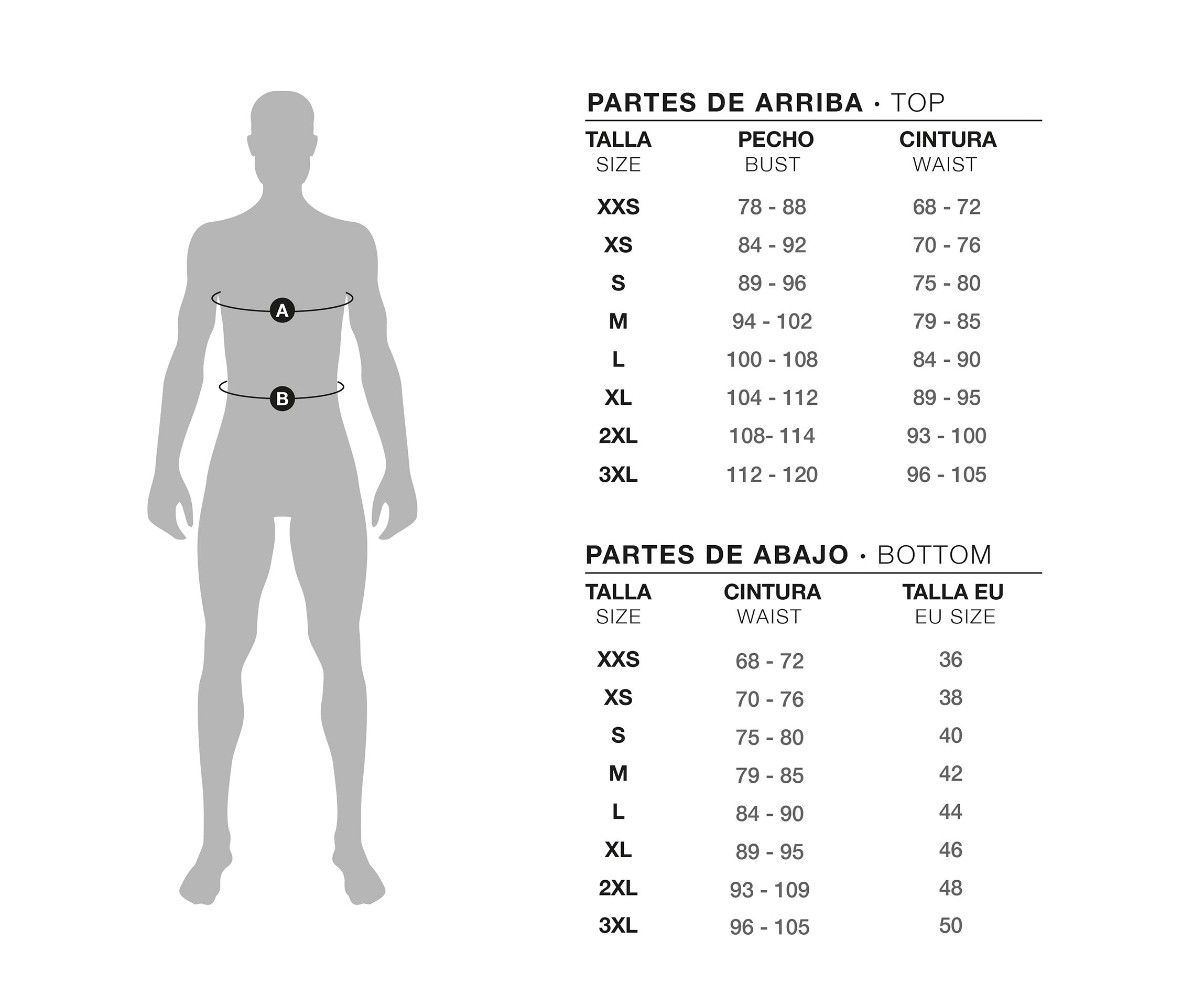Guía de tallas para pantalón y camisa de hombre
